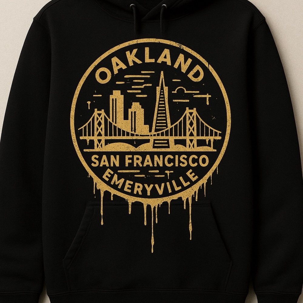 Black Hoodie with Gold Cityscape Print